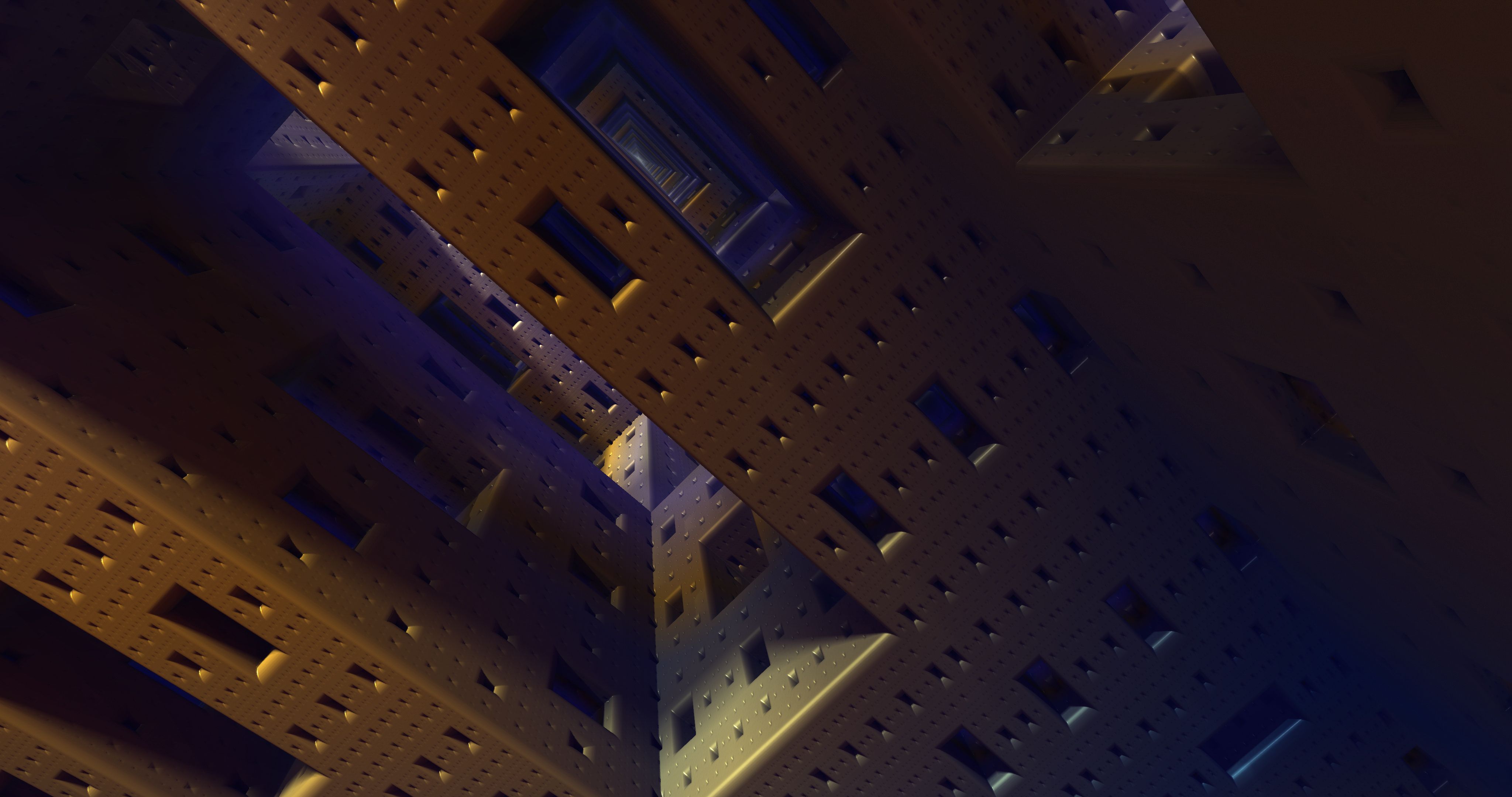 Abstract view of a dark and intricate fractal structure showcasing complex geometry and depth.