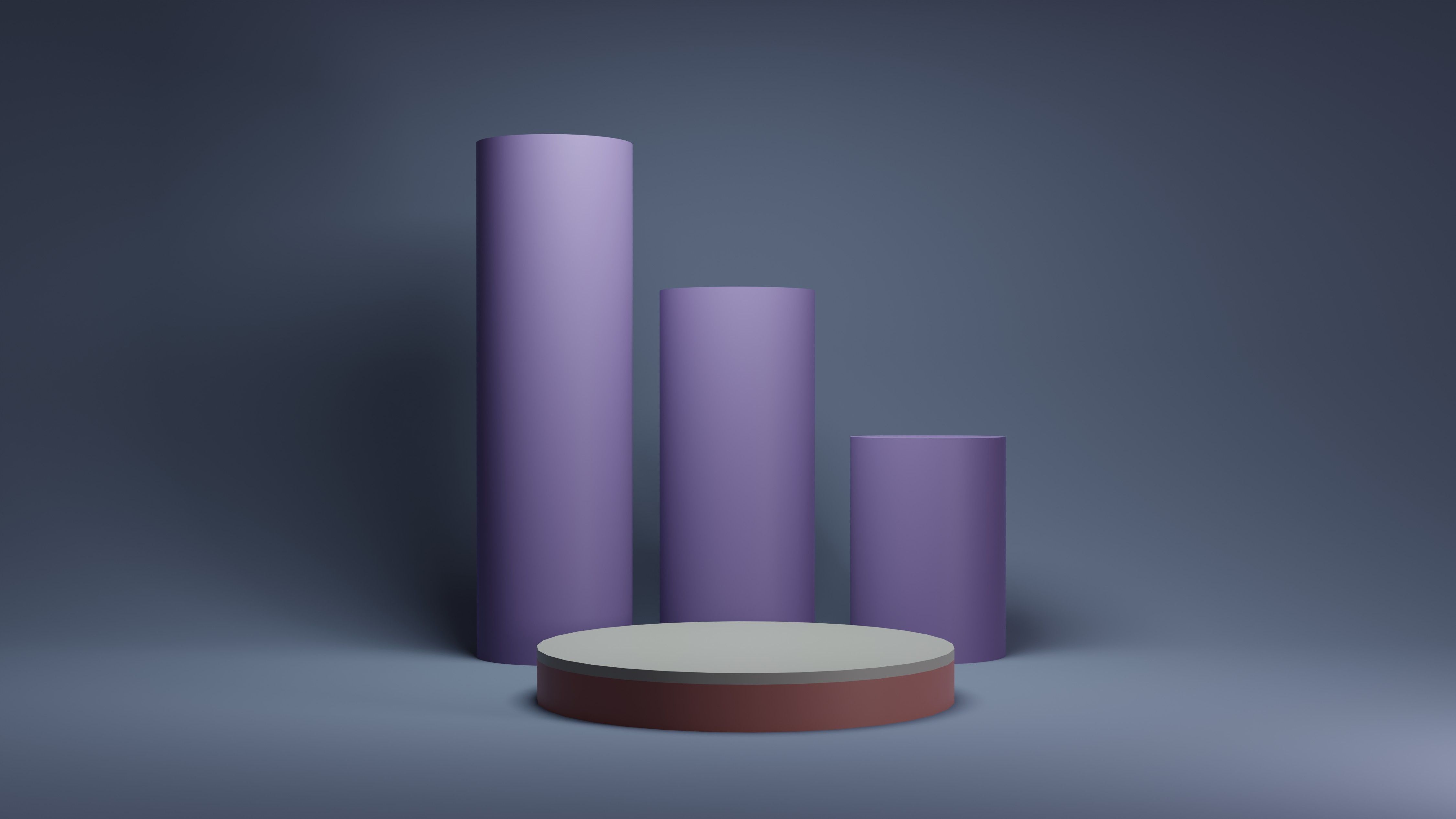 Minimalist abstract composition with violet cylinders on a blue background.