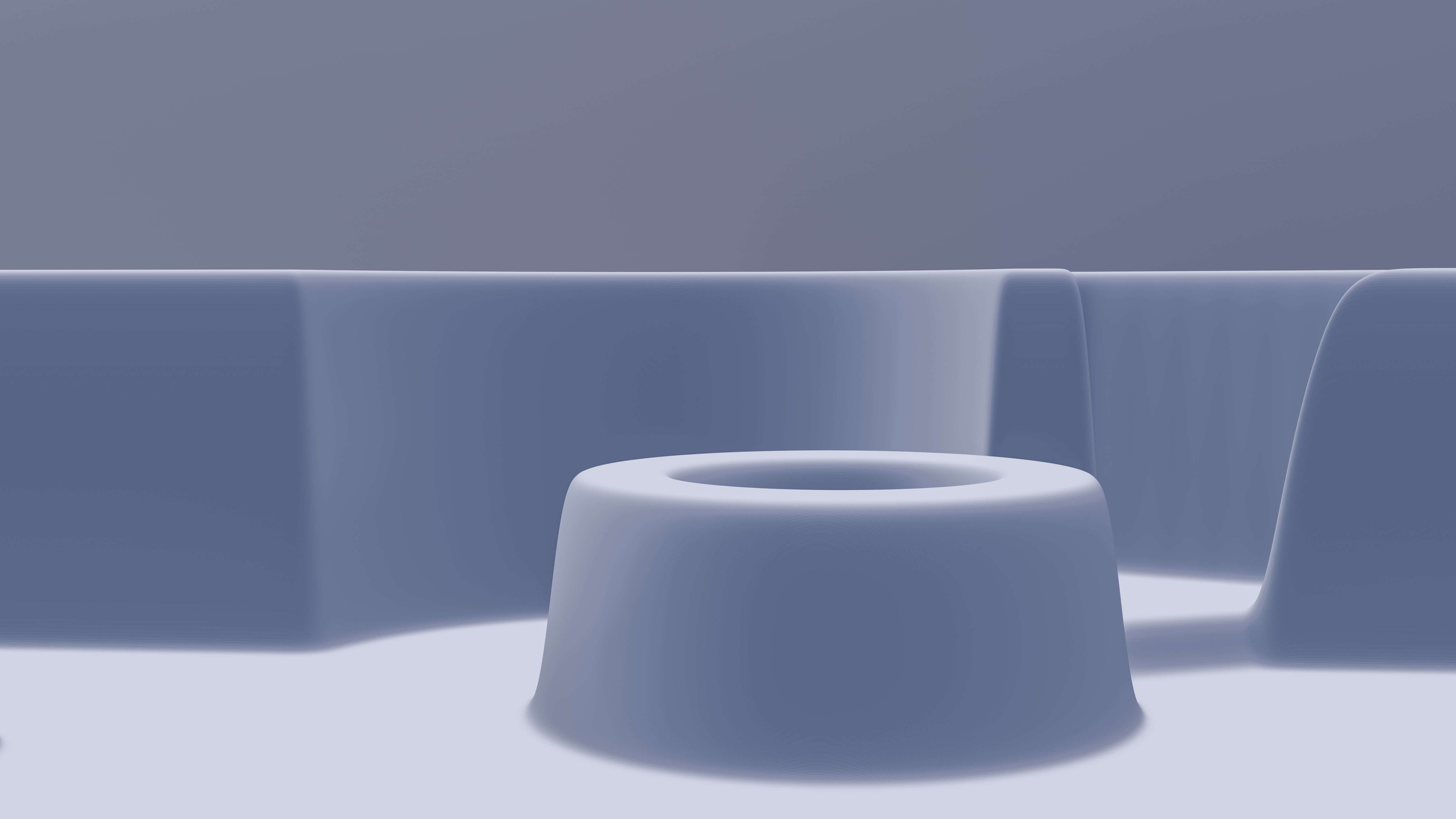 Abstract composition of minimalist blue shapes with smooth curves and shadows.