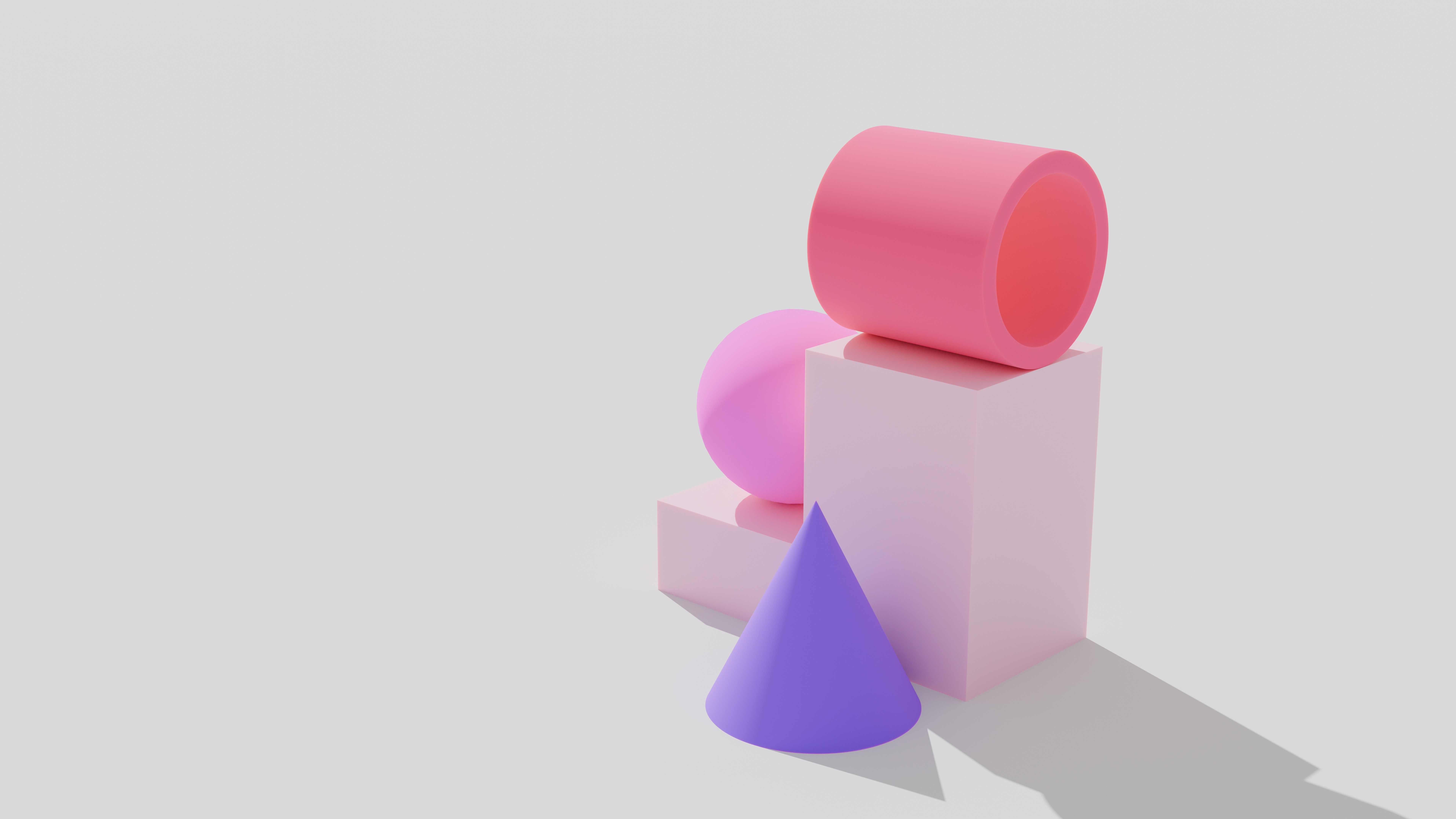 Abstract 3D rendering of colorful geometric shapes on a minimal light background.