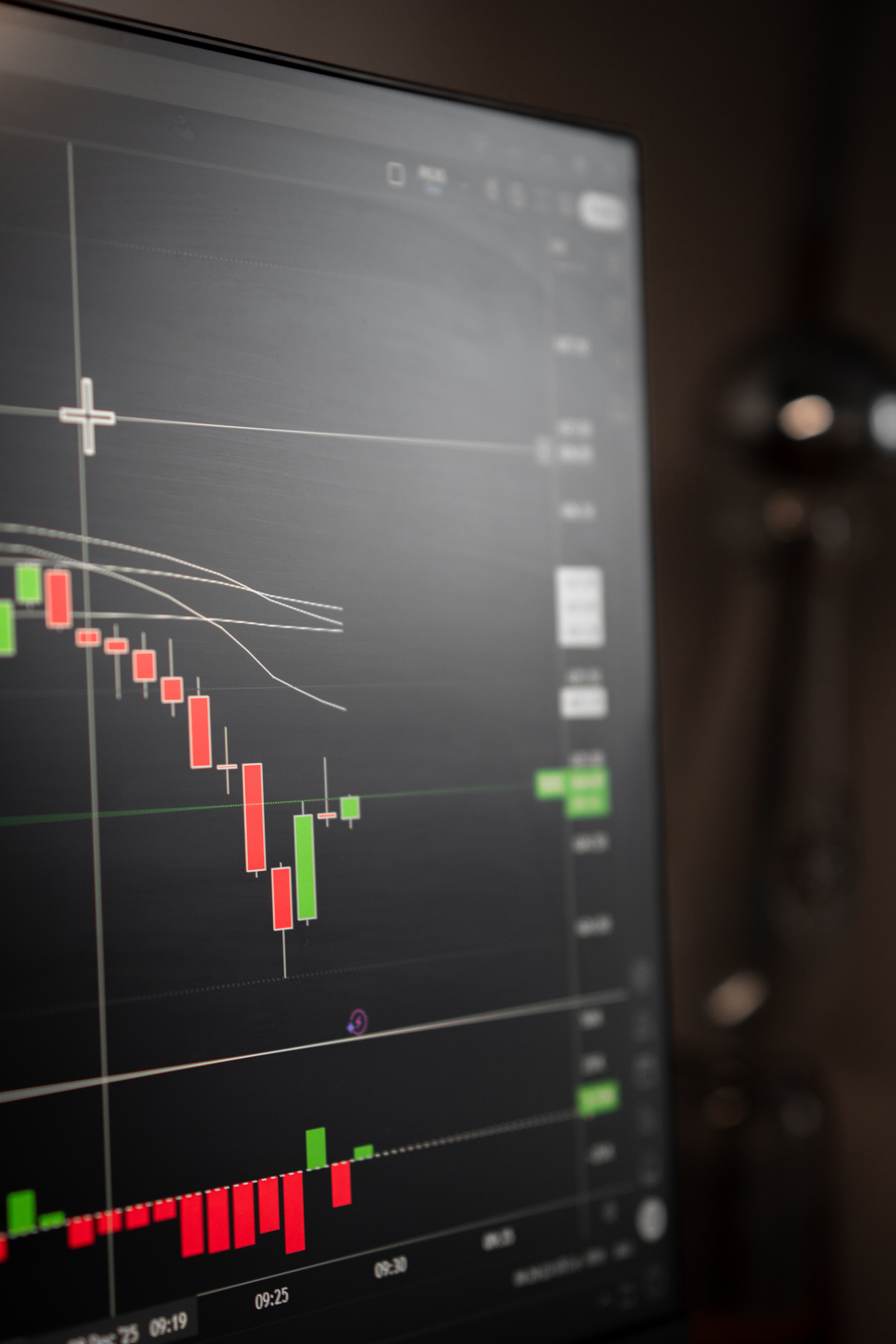 Detailed view of a stock market graph on a computer screen, showcasing trends.