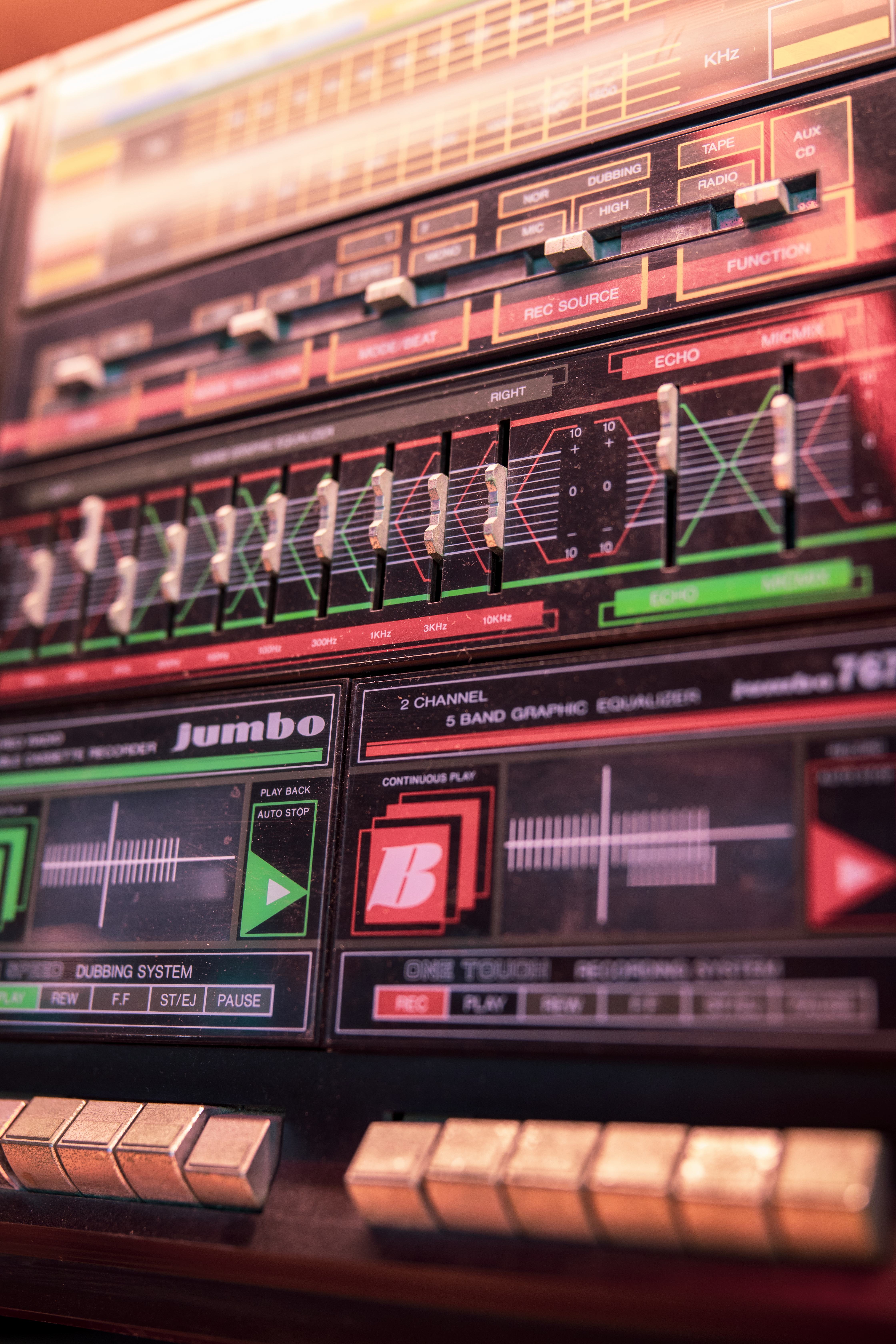 Close-up of a vintage audio mixer with detailed knobs and equalizers.