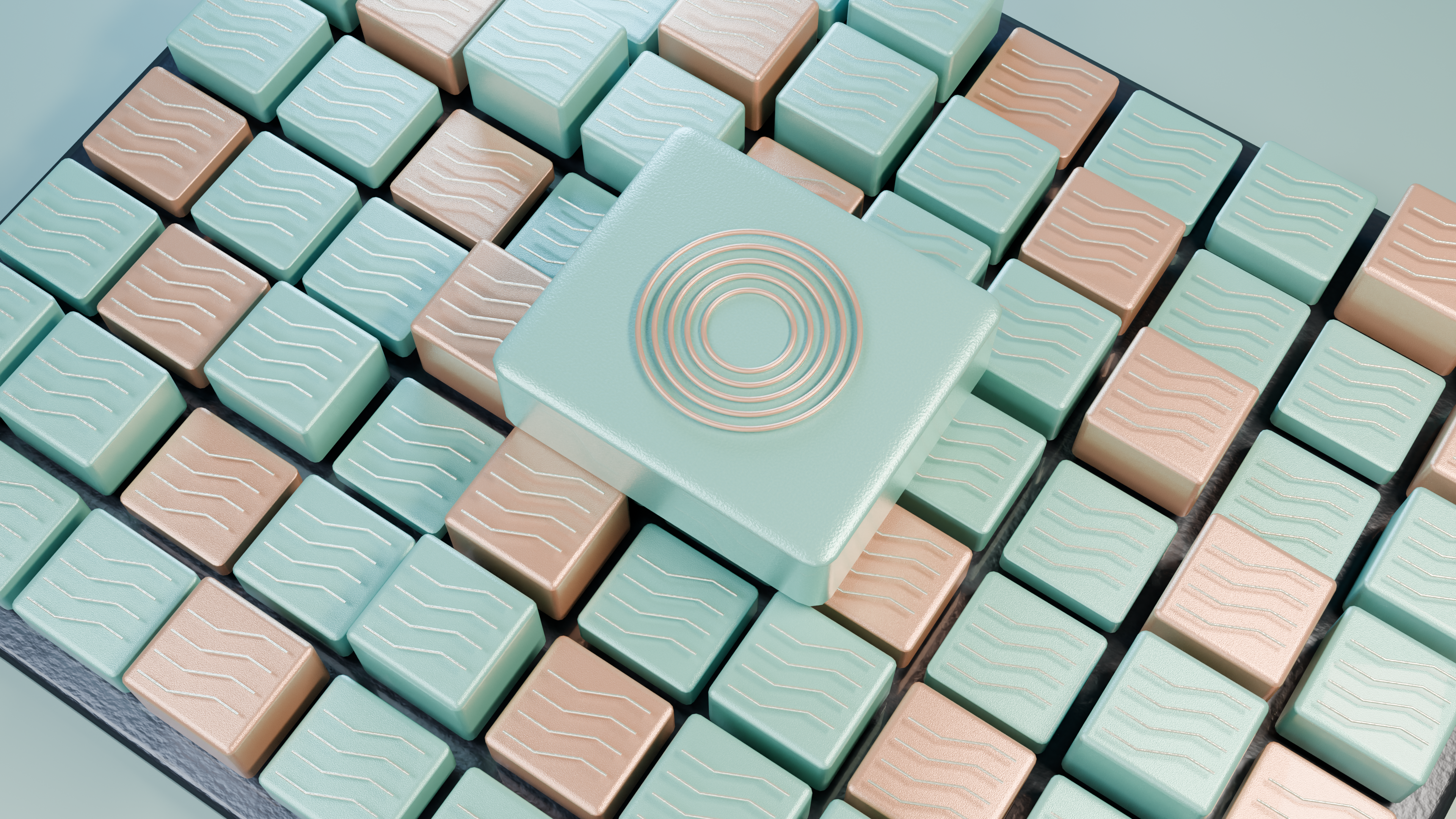 Stylized 3D render of geometric cubes in pastel colors.