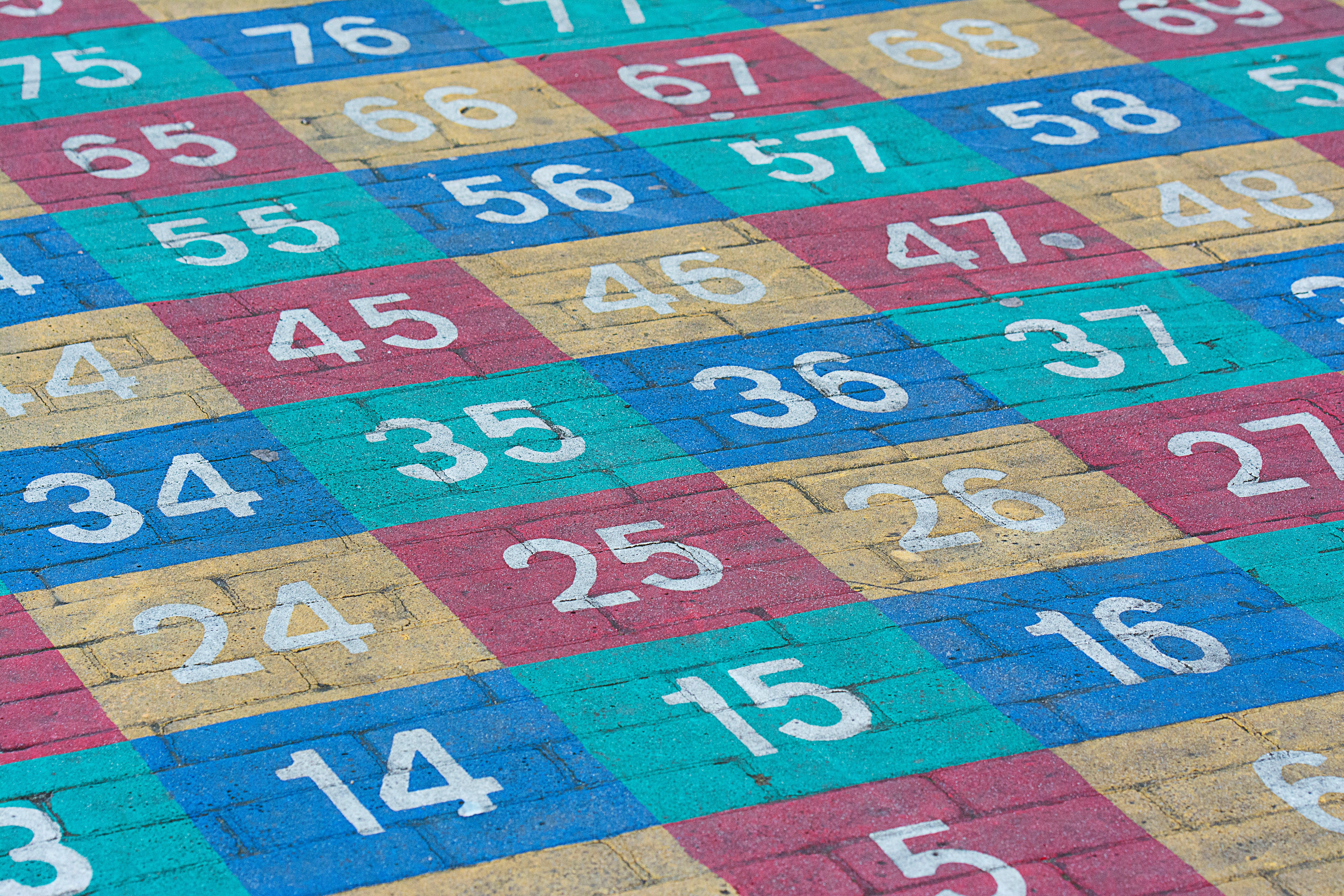 Vibrant numbered grid on a concrete surface outdoors. Perfect for educational materials.
